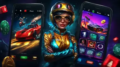 Racer character between phones showing diverse mobile casino game selection