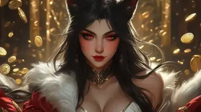 Elegant character surrounded by falling gold coins representing casino jackpot bonus