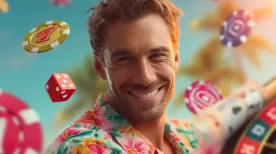 Smiling man in hawaiian shirt with casino chips and dice bonus elements