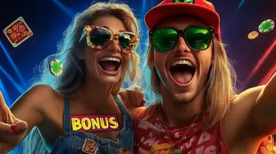 Excited couple celebrating casino welcome bonus with chips and sunglasses