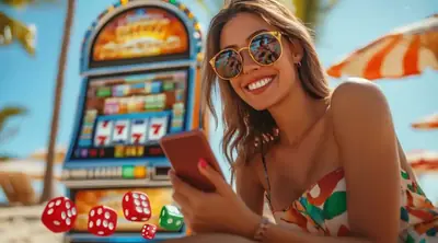Woman enjoying mobile casino slots on sunny beach with dice