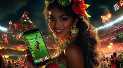 Woman displaying mobile football betting app at vibrant stadium with festive atmosphere