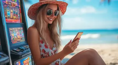 Elegant woman enjoying mobile slots on tropical beach with slot machine