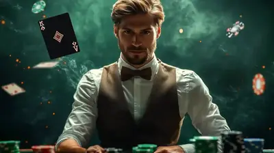 Sophisticated dealer at poker table with playing cards and casino chips