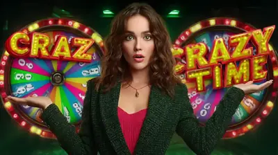 Woman presenting exciting Crazy Time casino wheel game with vibrant colors